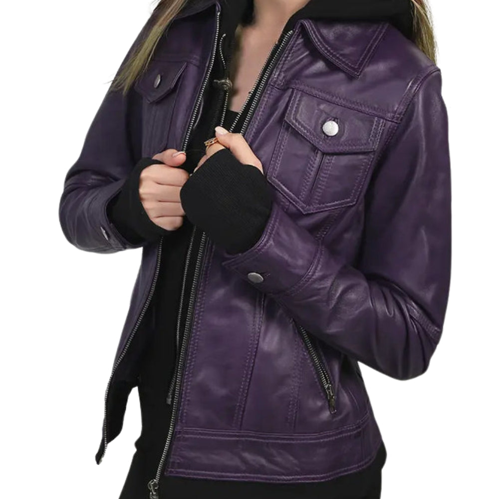 Purple Bomber Leather Jacket with Removable Hood