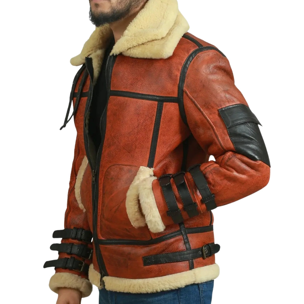 Men's Brown Sheepskin Leather Shearling Bomber Jacket