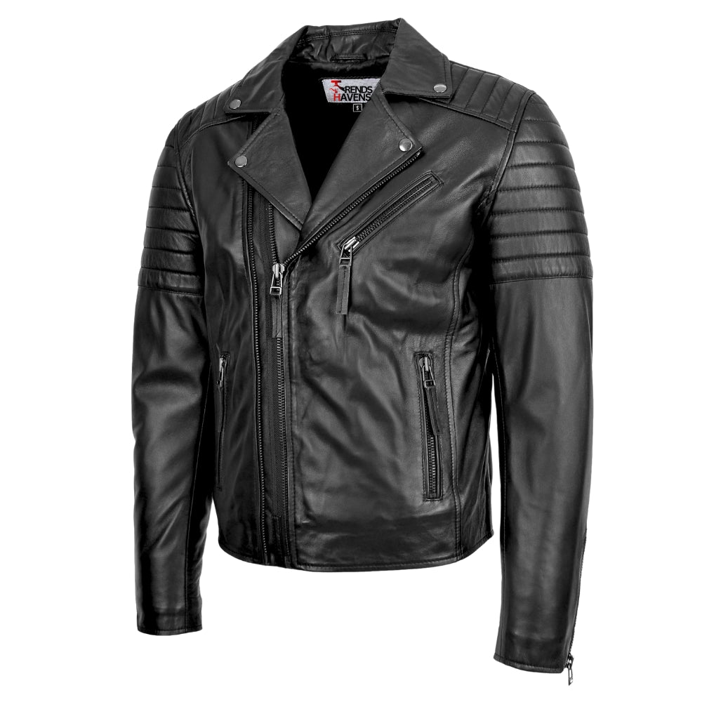 Mens Leather Biker Jacket Dual Zip