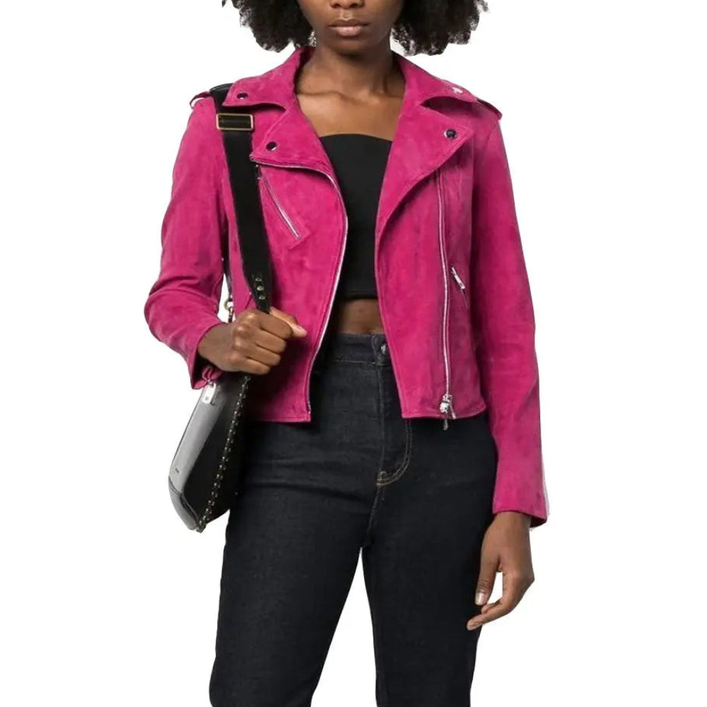 Pink Suede Leather Biker Jacket