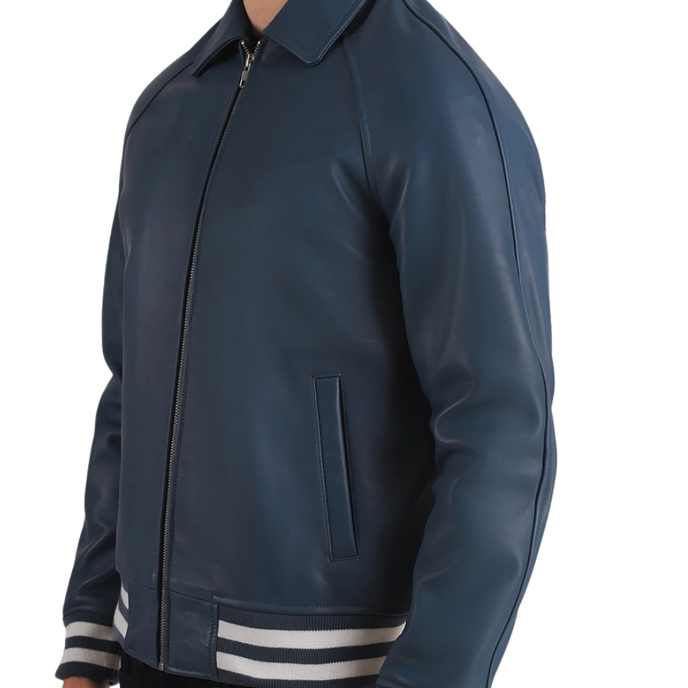 Men's Blue Sheepskin Leather Varsity Jacket