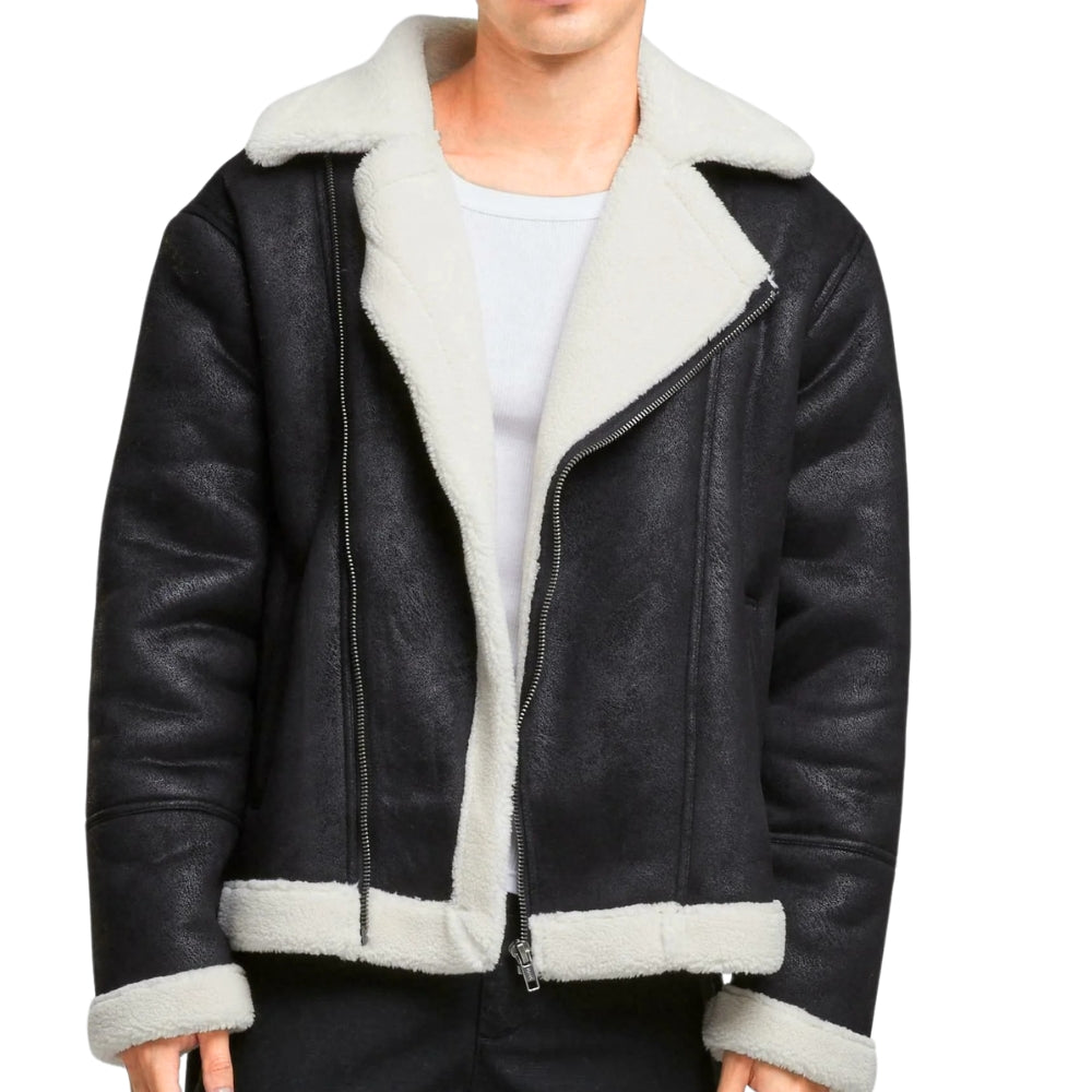 Black Bomber Leather Jacket – Shearling Biker Winter Jacket