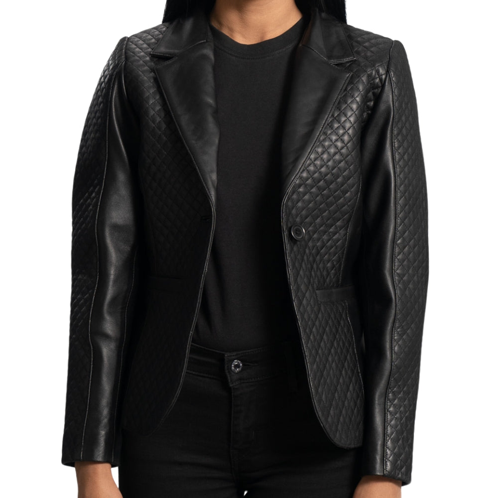 Women's Black Leather Blazer with Zipper Cuffs