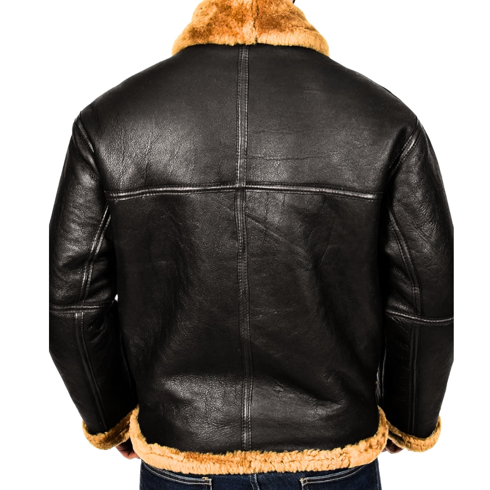 Classic Black Bomber Leather Jacket With Shearling Fur Interior