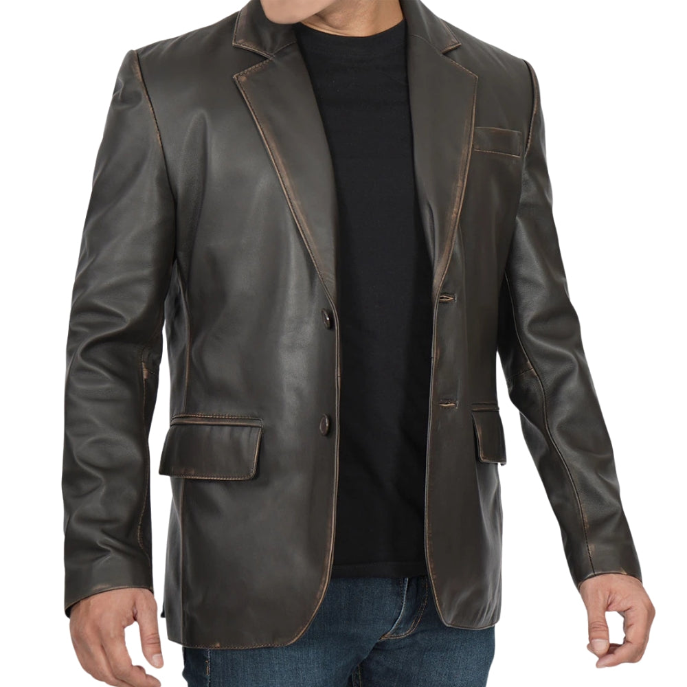 Men's Dark Brown Rub Off Leather Blazer