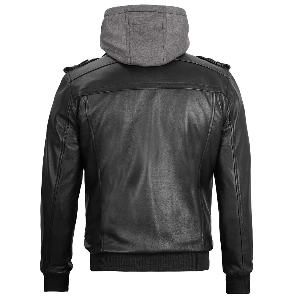 Men’s Black Bomber Leather Jacket with Removable Hood