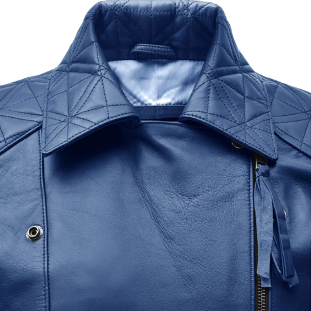 Bold Blue Moto Leather Jacket with Quilted