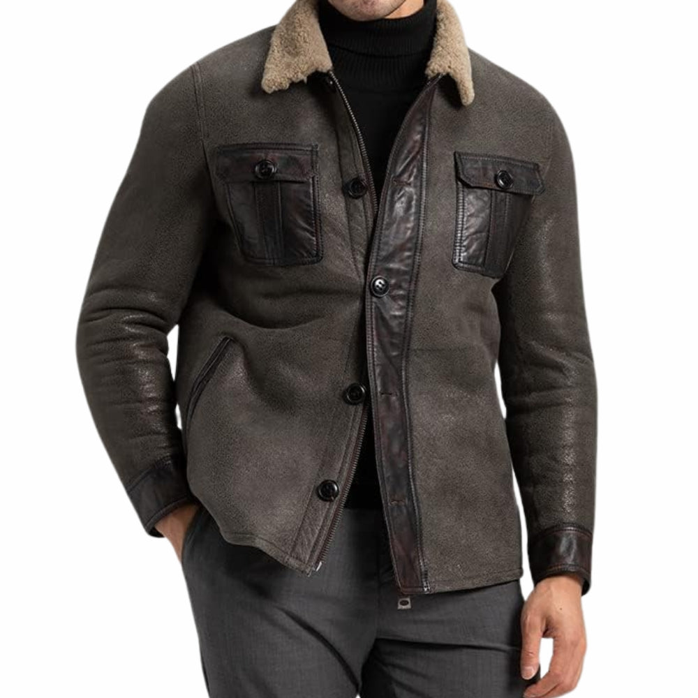 Men's Grey Sheepskin Shearling Bomber Leather Jacket