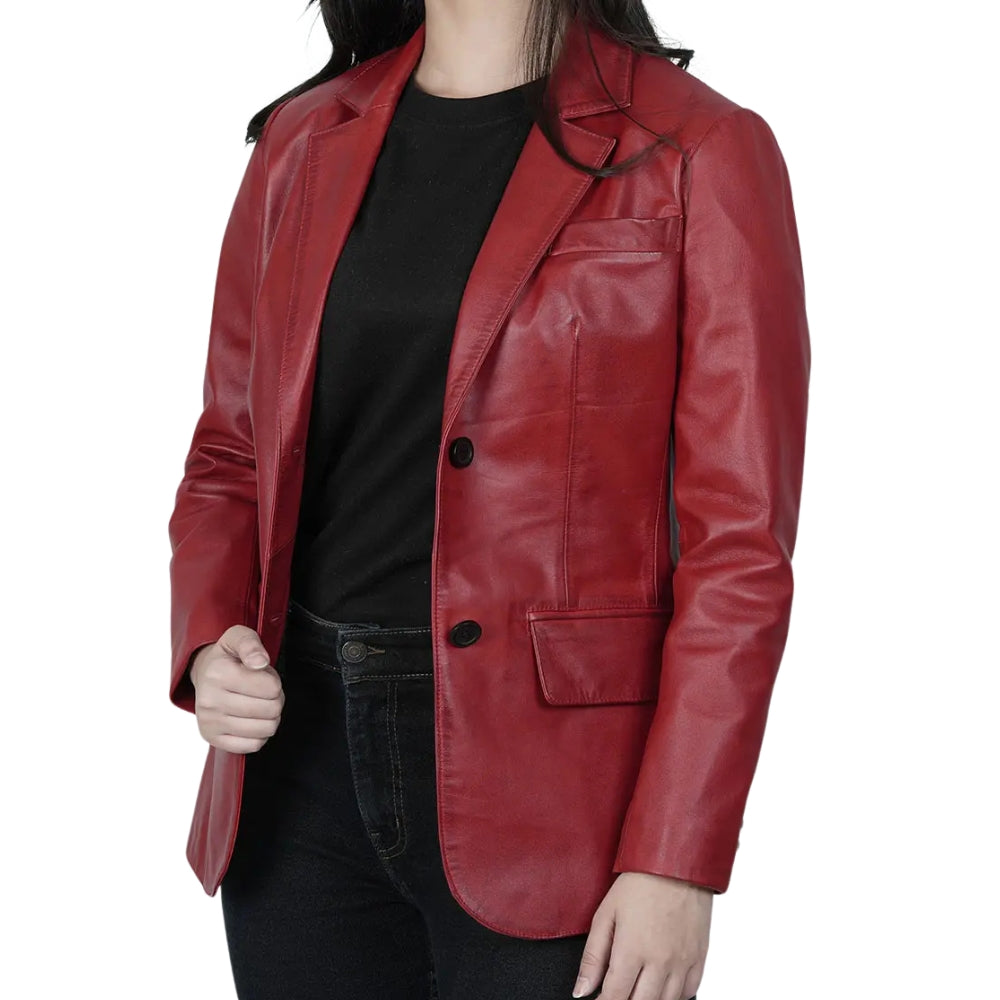 Women’s Red Leather Blazer Jacket