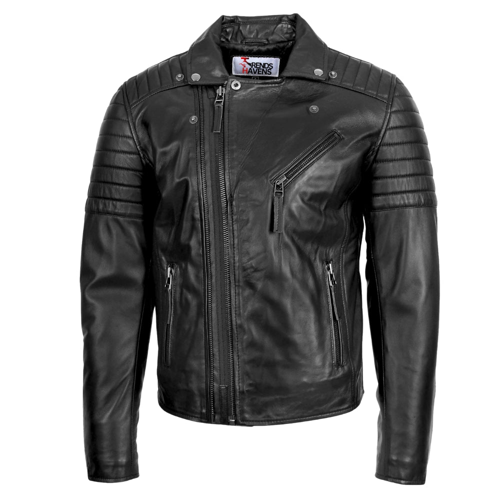 Mens Leather Biker Jacket Dual Zip