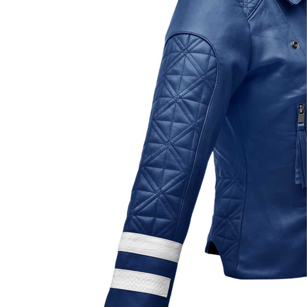 Bold Blue Moto Leather Jacket with Quilted