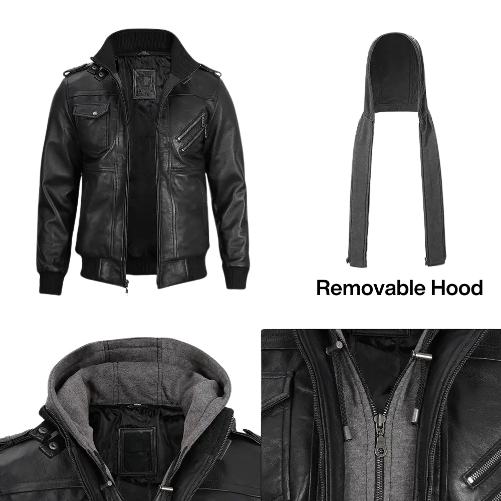 Men’s Black Bomber Leather Jacket with Removable Hood