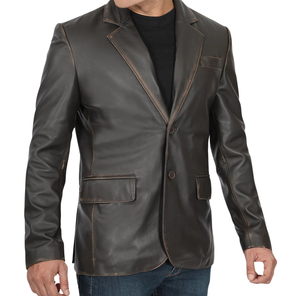 Men's Dark Brown Rub Off Leather Blazer