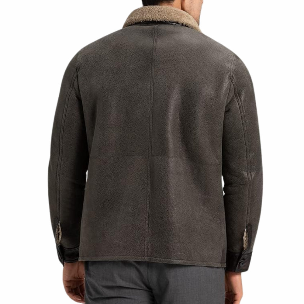 Men's Grey Sheepskin Shearling Bomber Leather Jacket