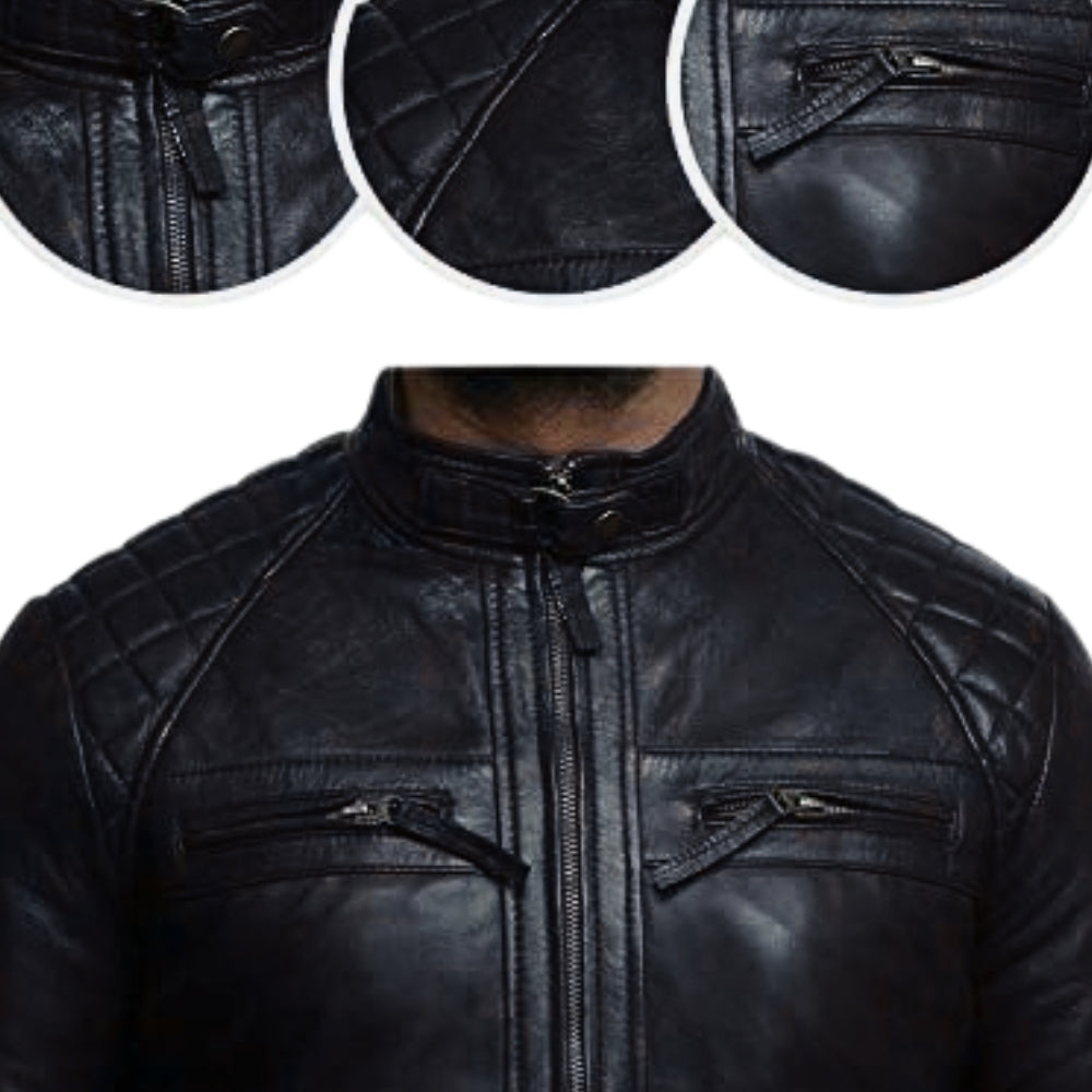 Black Biker Leather Jacket Distressed Retro Real Sheepskin Mens Leather Motorcycle Jacket