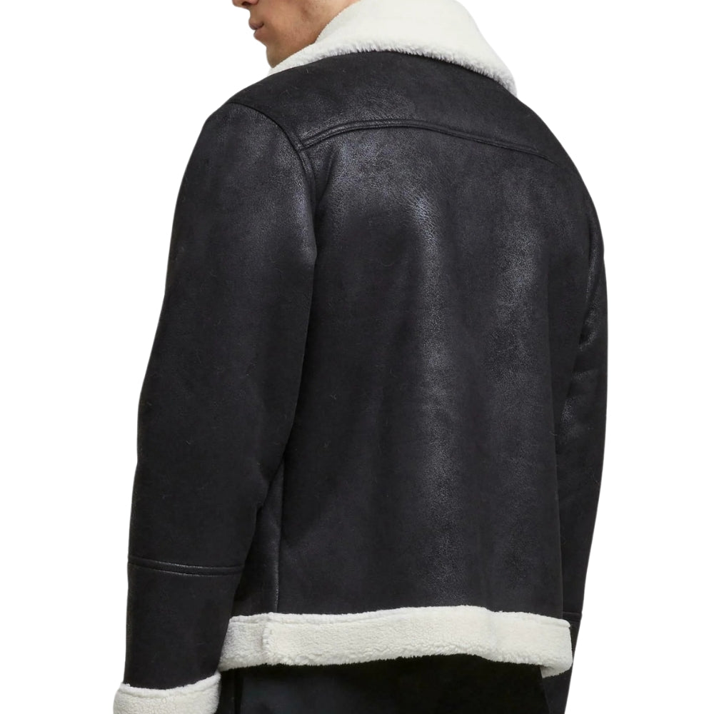 Black Bomber Leather Jacket – Shearling Biker Winter Jacket