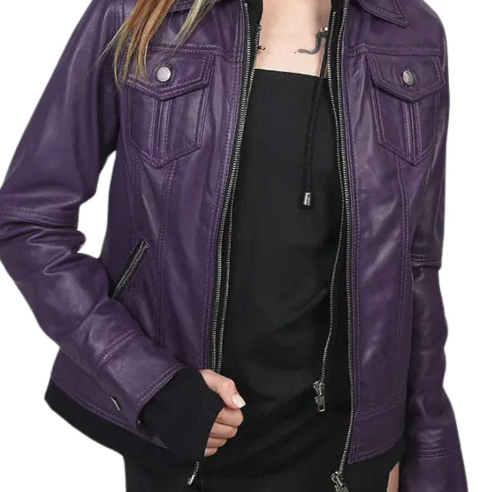 Purple Bomber Leather Jacket with Removable Hood