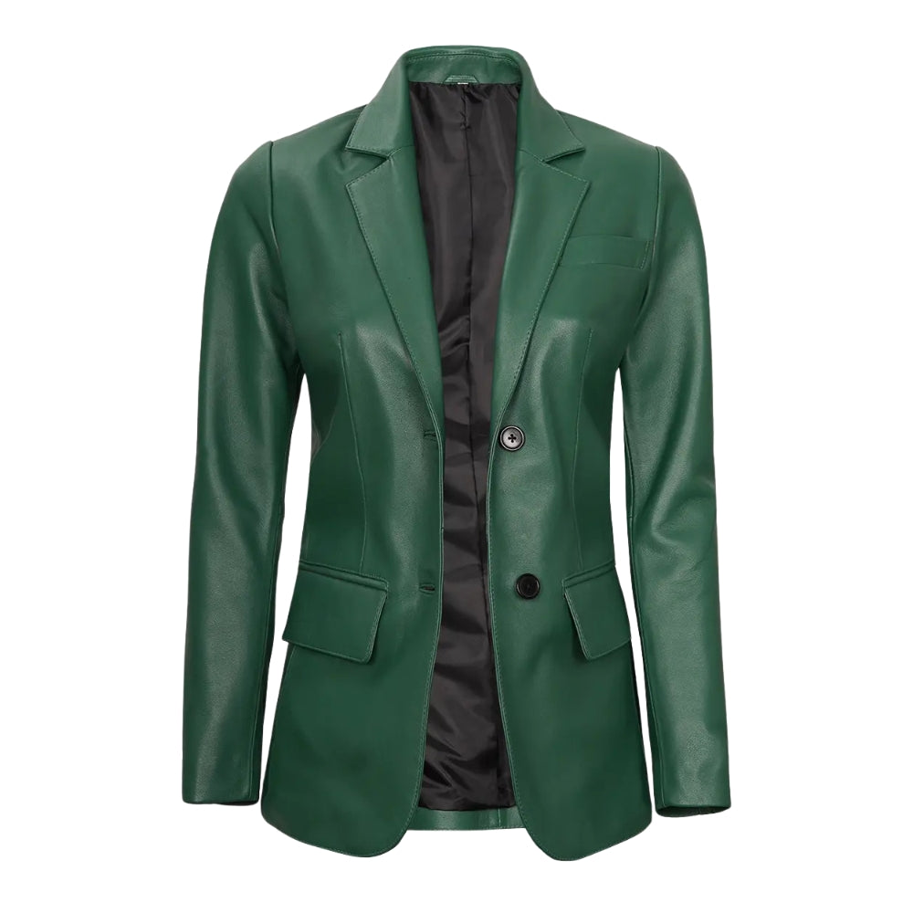 Women's Green Real Leather Blazer Jacket