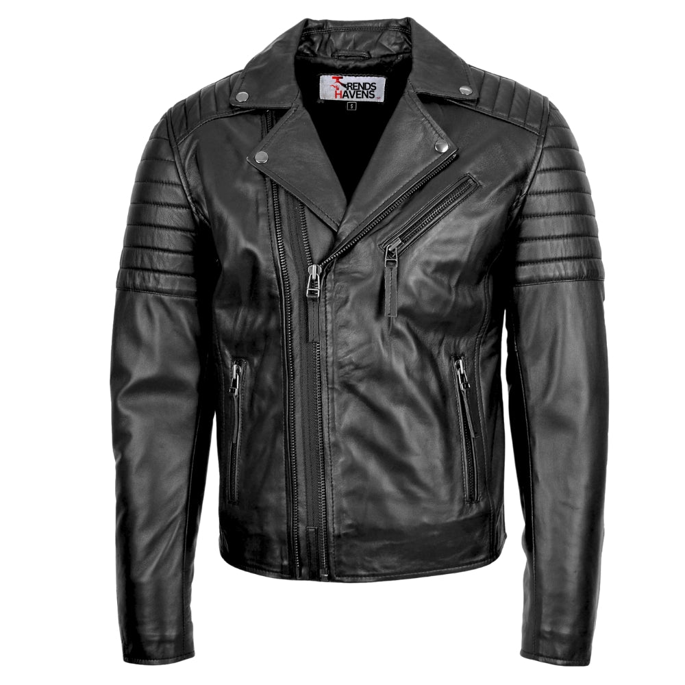 Mens Leather Biker Jacket Dual Zip