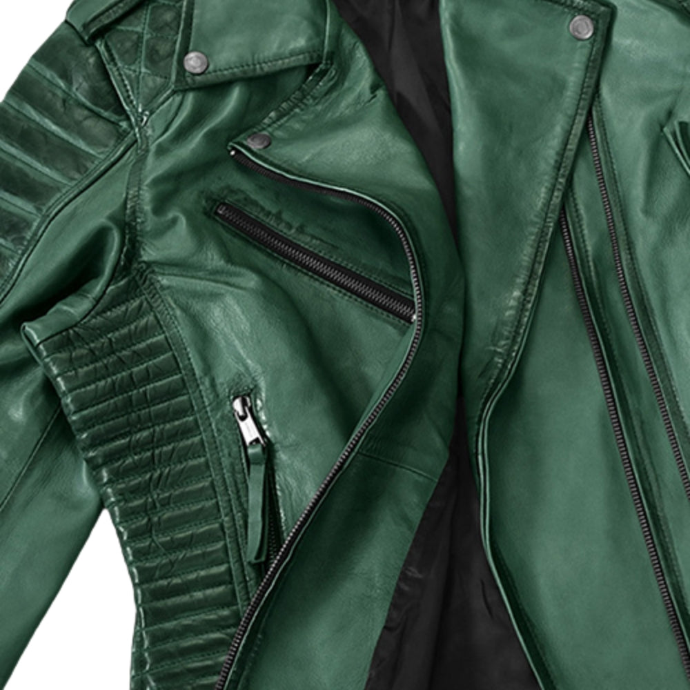 Charlotte Burnt Green Biker Leather Jacket