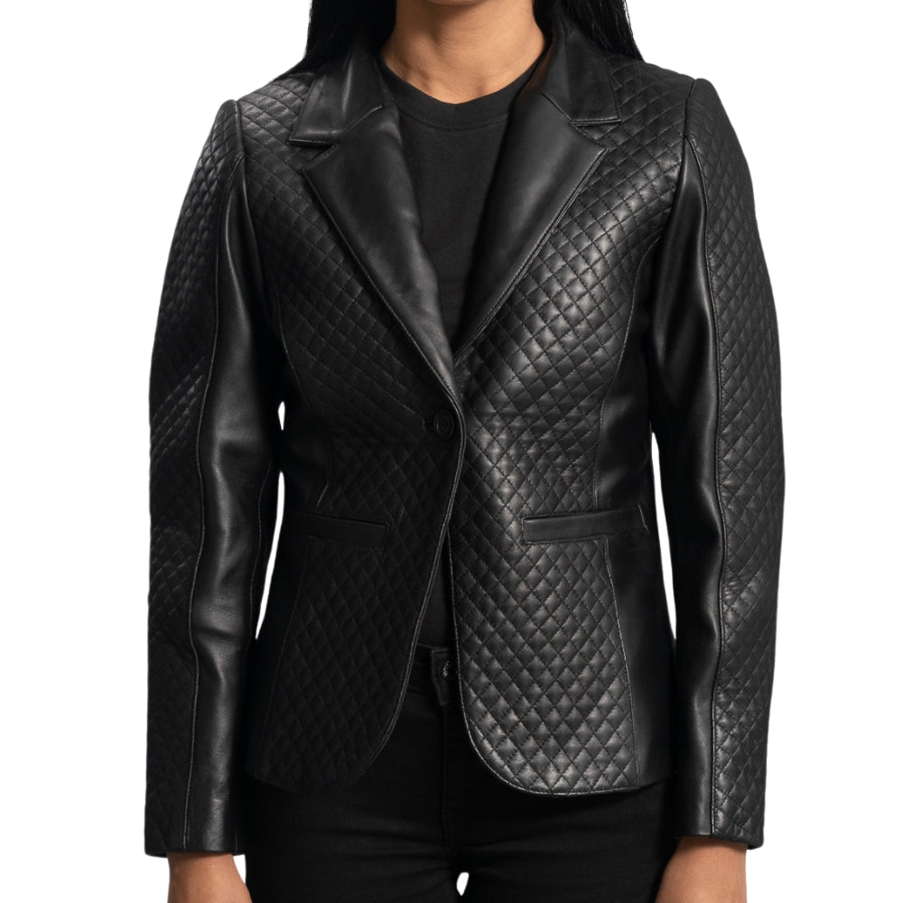 Women's Black Leather Blazer with Zipper Cuffs