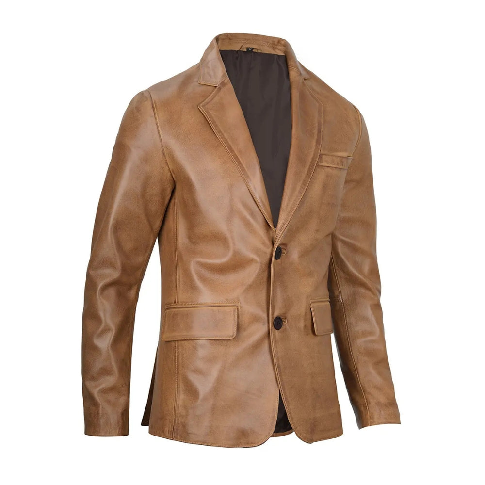 Men's Camel Leather Blazer Jacket