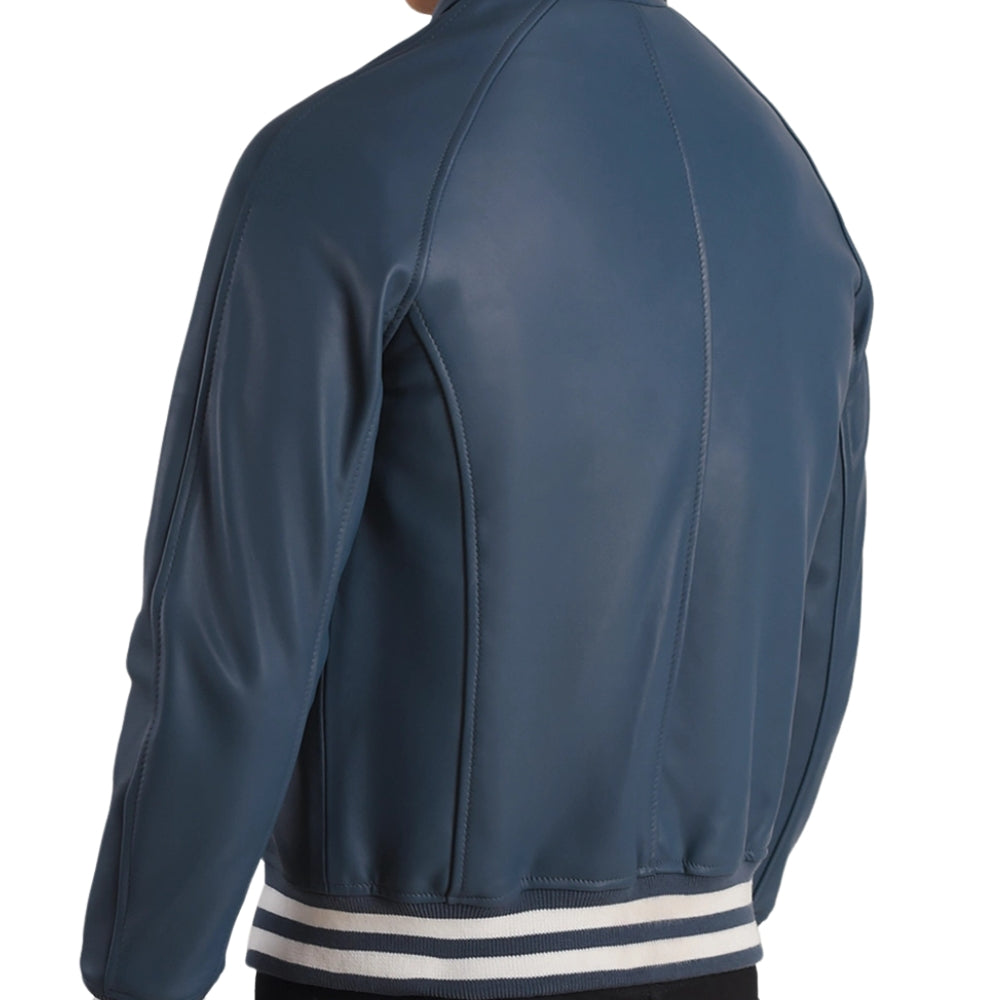 Men's Blue Sheepskin Leather Varsity Jacket