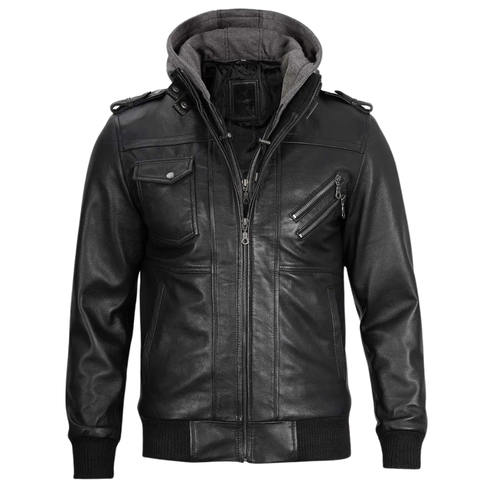 Men’s Black Bomber Leather Jacket with Removable Hood