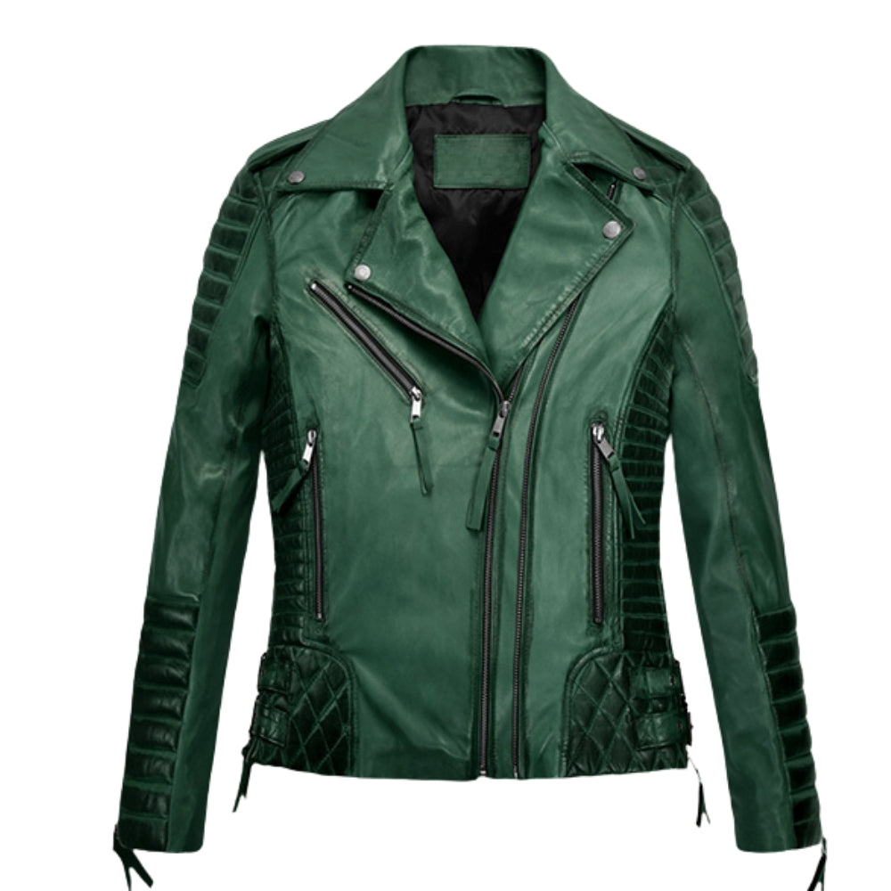 Charlotte Burnt Green Biker Leather Jacket