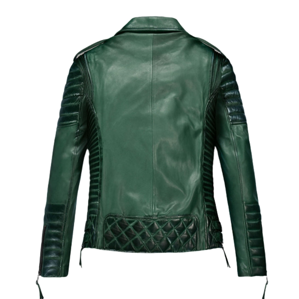 Charlotte Burnt Green Biker Leather Jacket