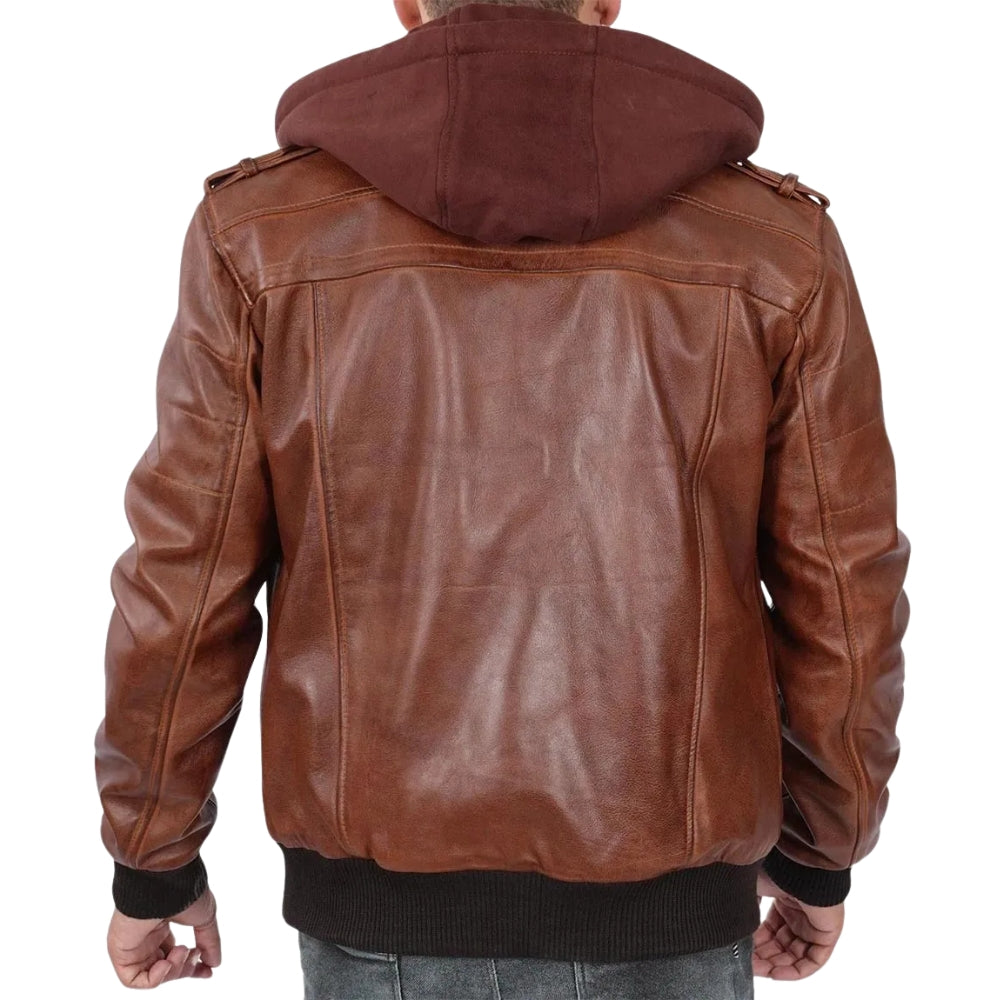 Men’s Brown Bomber Leather Jacket with Removable Hood