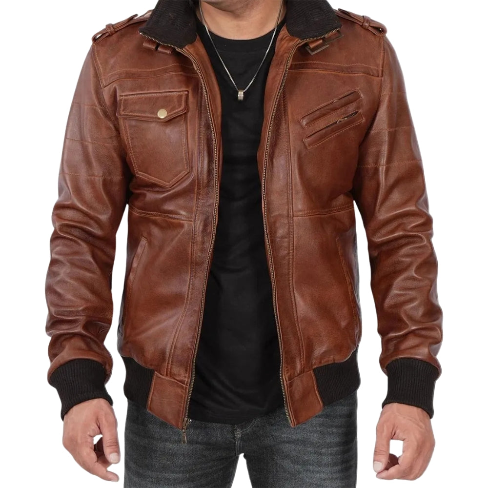 Men’s Brown Bomber Leather Jacket with Removable Hood